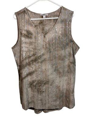 Sequined Sleeveless V-Neck Tunic Top XL Beige Embellished Polyester Blend